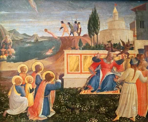 Santos Cosme e Damião são jogados no mar; demônios escapam da boca do procônsul Lísias, da predella do retábulo de São Marcos, 1438-40 (têmpera no painel)